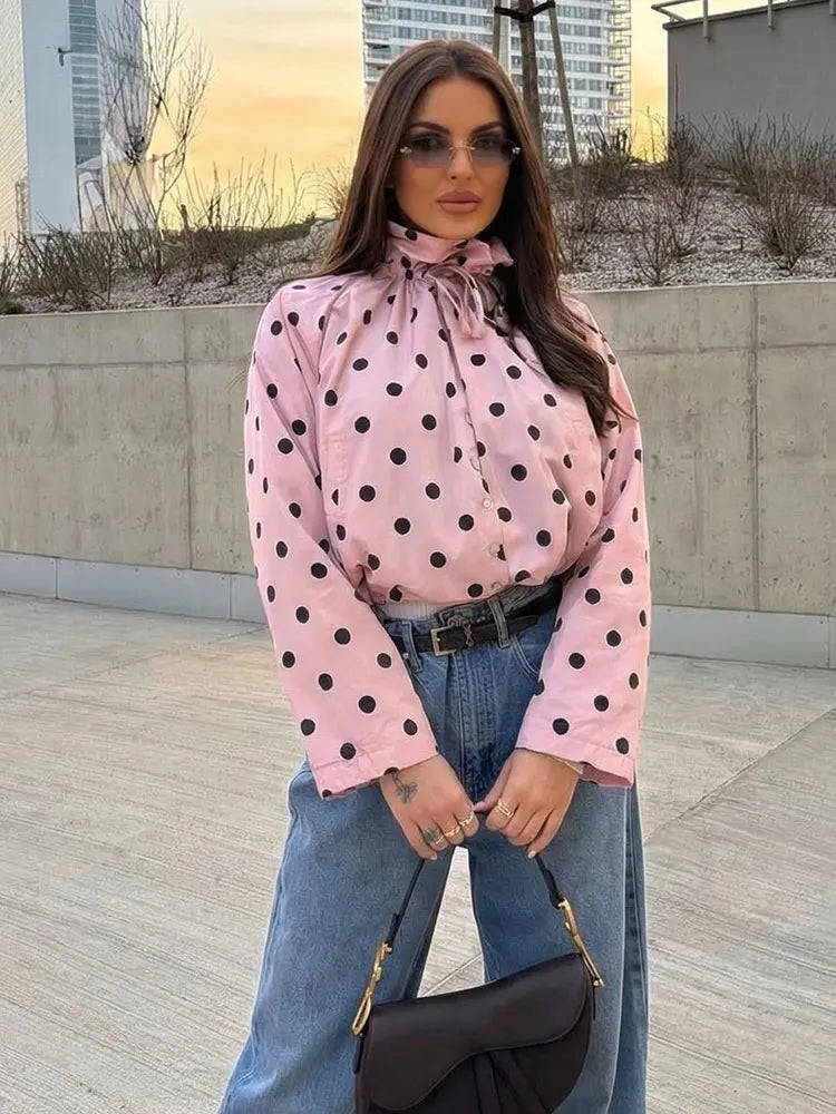 Women's Polka Dot Drawstring Jacket – Elegant Spring Coat