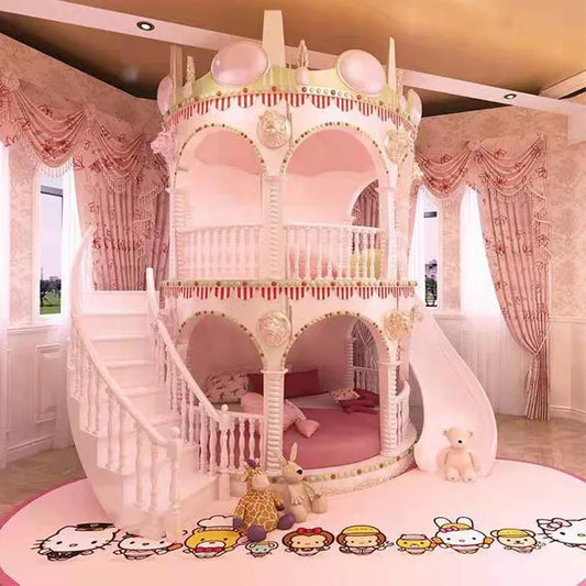 Double Decker Castle Kids Bed with Slide and Safety Rails