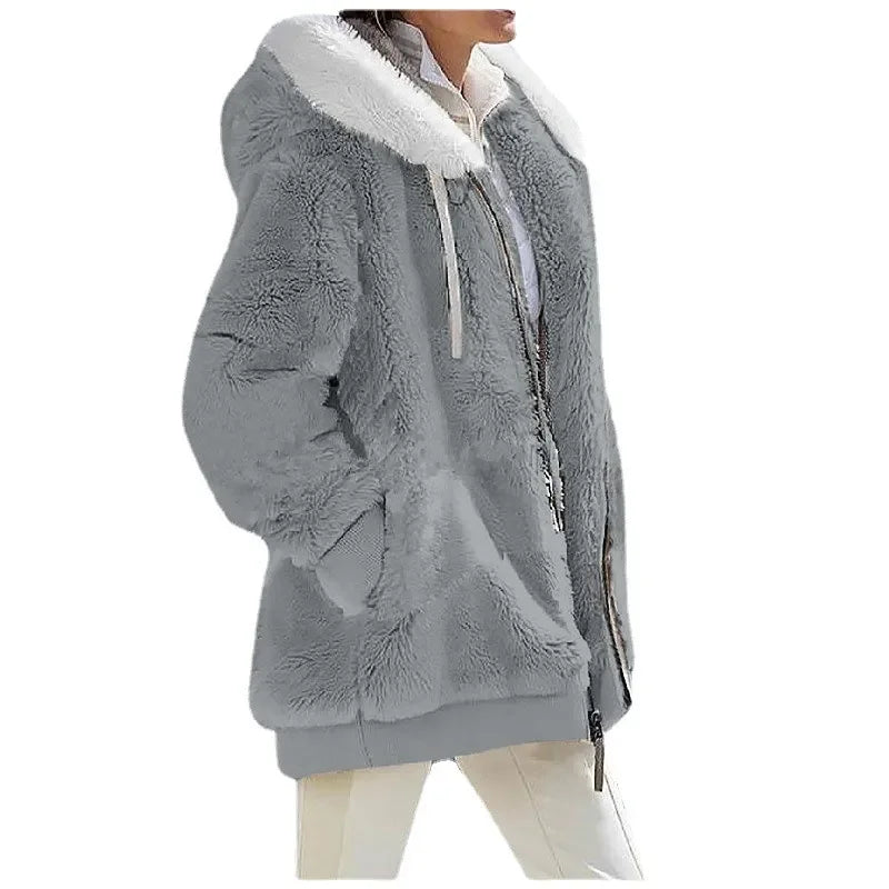Women's Fleece Hooded Zip-Up Coat – Casual Warm Jacket for Fall & Winter
