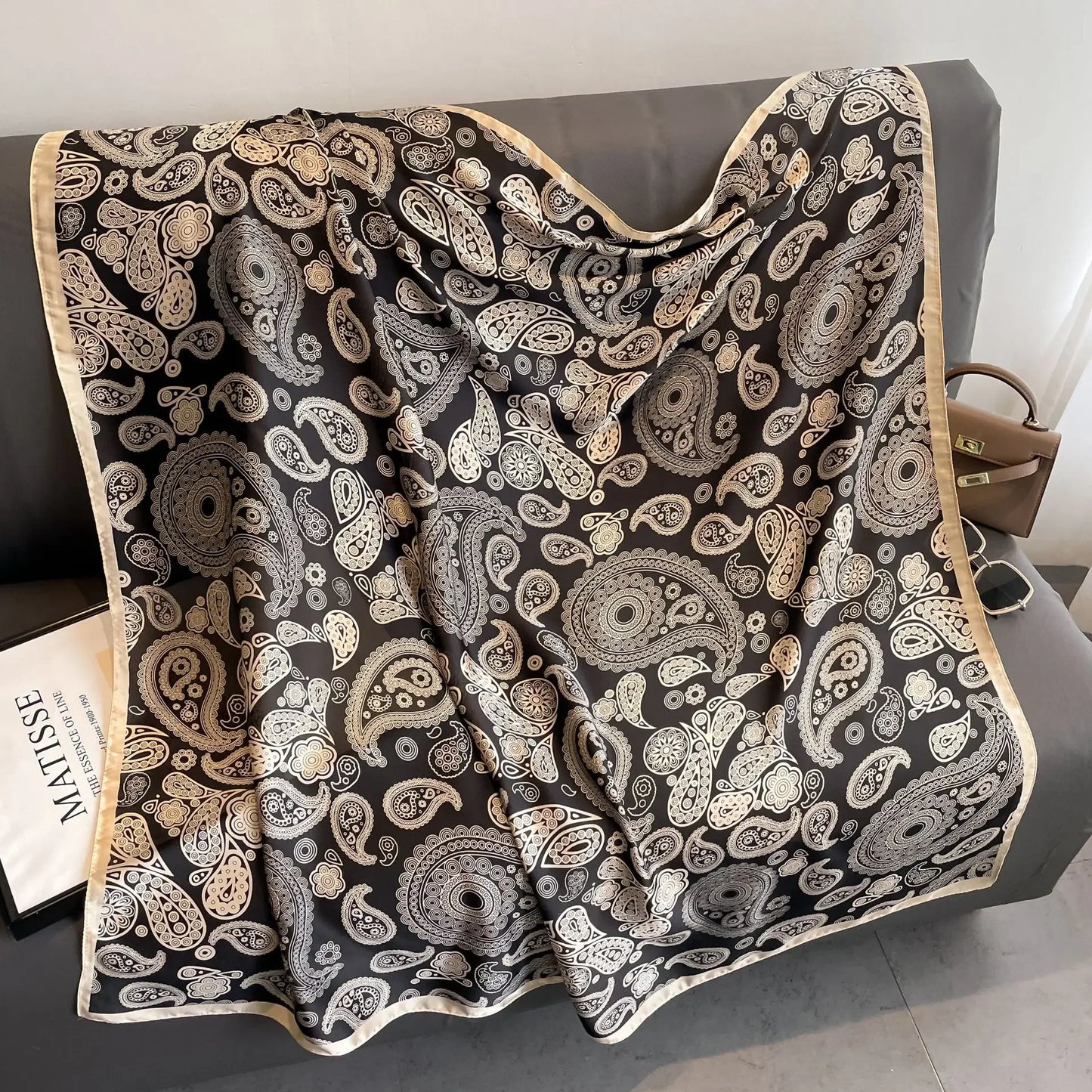Silk-Feel Square Scarf for Women – Vintage Paisley Print Shawl & Head Wrap