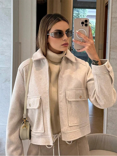 Women's Cropped Zip-Up Jacket – Short Elegant Coat with Snap Pockets