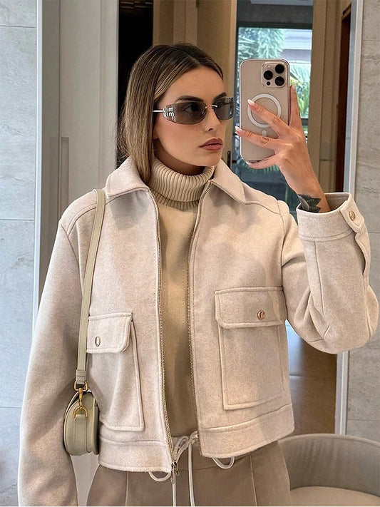 Women's Cropped Zip-Up Jacket – Short Elegant Coat with Snap Pockets