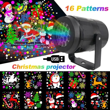 Christmas LED Projector Lamp – 16 Patterns, 360° Rotatable, USB Powered