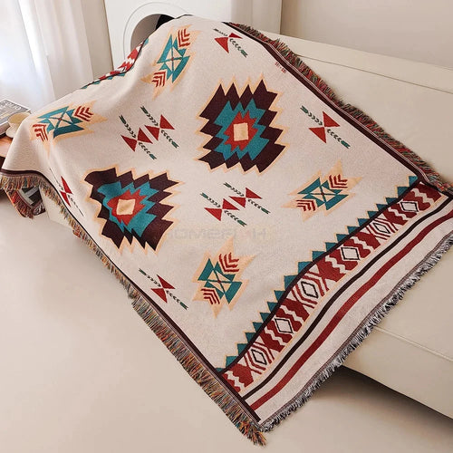 Aztec Boho Throw Blanket with Fringe – Southwestern Woven Tapestry, 2 Colors