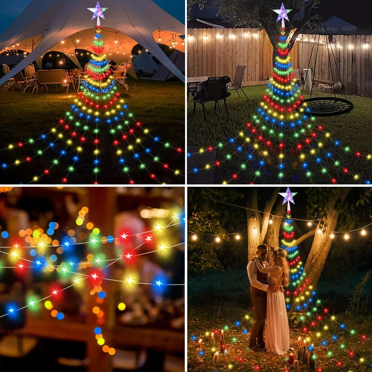 Star Waterfall Christmas Tree String Lights – USB & Solar Powered