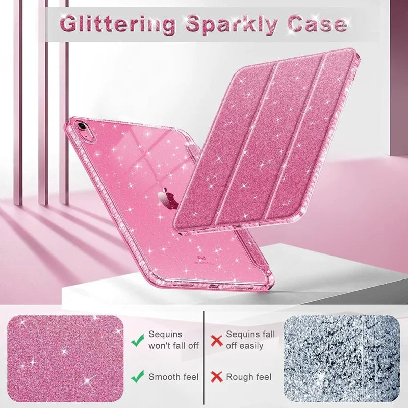 iPad Case with Pencil Holder Smart Glitter Cover – Pro, Air, Mini, All Gen