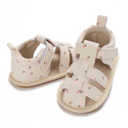 Baby Girl Floral PU Leather Sandals – Anti-Slip First Walker