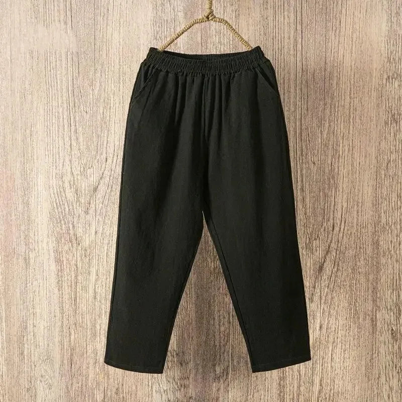 Women's Cotton Linen Harem Pants – Casual Loose Elastic Waist Cropped Trousers