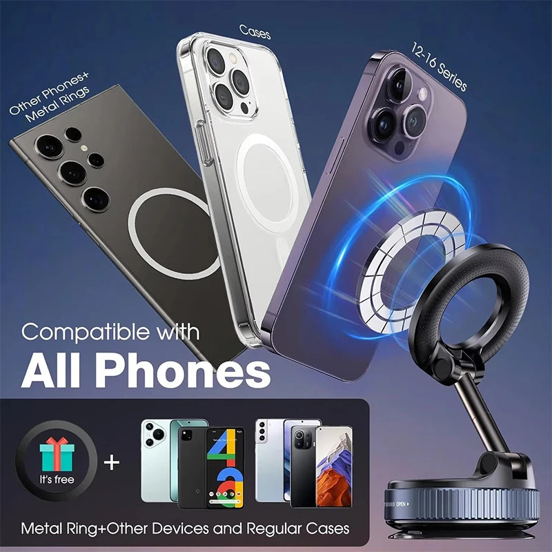 Magnetic Car Phone Holder – Foldable Vacuum Suction Mount