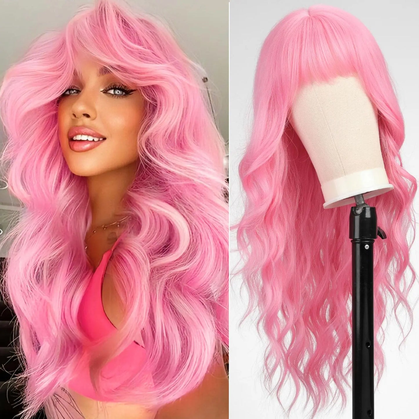 Long Wavy Synthetic Wig with Bangs – 26 Inches, Multiple Colors