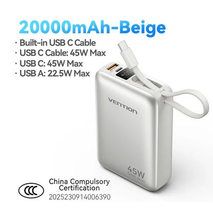 Vention 20000mAh Power Bank 45W Fast Charging with Built-In USB-C Cable