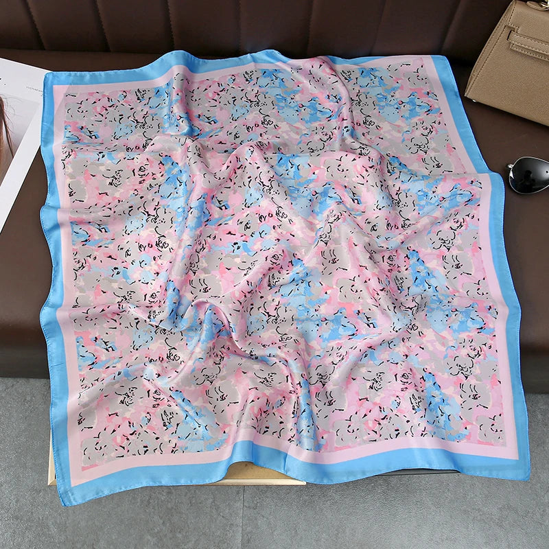 Satin Square Scarf Women Cute Cat Print Headscarf Neckerchief