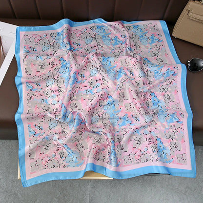 Satin Square Scarf Women Cute Cat Print Headscarf Neckerchief