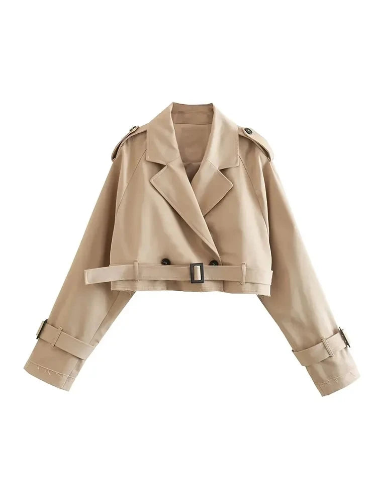 Cropped Trench Jacket Women Double Breasted Belt Streetwear