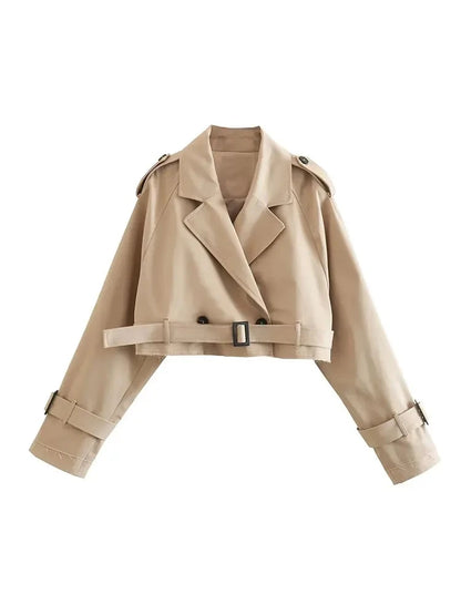 Cropped Trench Jacket Women Double Breasted Belt Streetwear