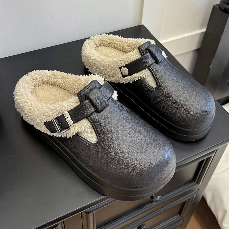 Waterproof Furry Mule Slippers – Women's Winter Clogs with Buckle