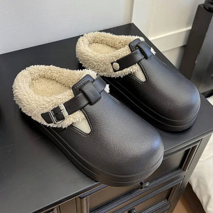 Waterproof Furry Mule Slippers – Women's Winter Clogs with Buckle
