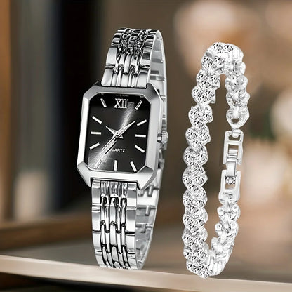 Women's Rectangle Quartz Watch & Rhinestone Bracelet Set