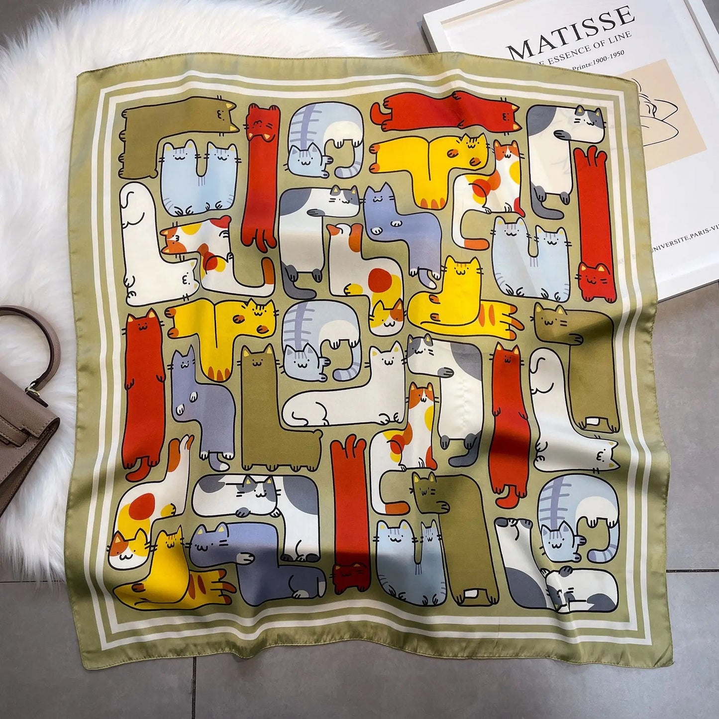 Satin Square Scarf Women Cute Cat Print Headscarf Neckerchief