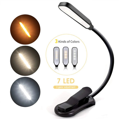 LED Book Light USB Rechargeable Clip-On Reading Lamp 7 LEDs 3 Color Modes