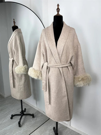 Women's Wool Coat with Fox Fur Cuffs & Belt – Elegant Short Overcoat