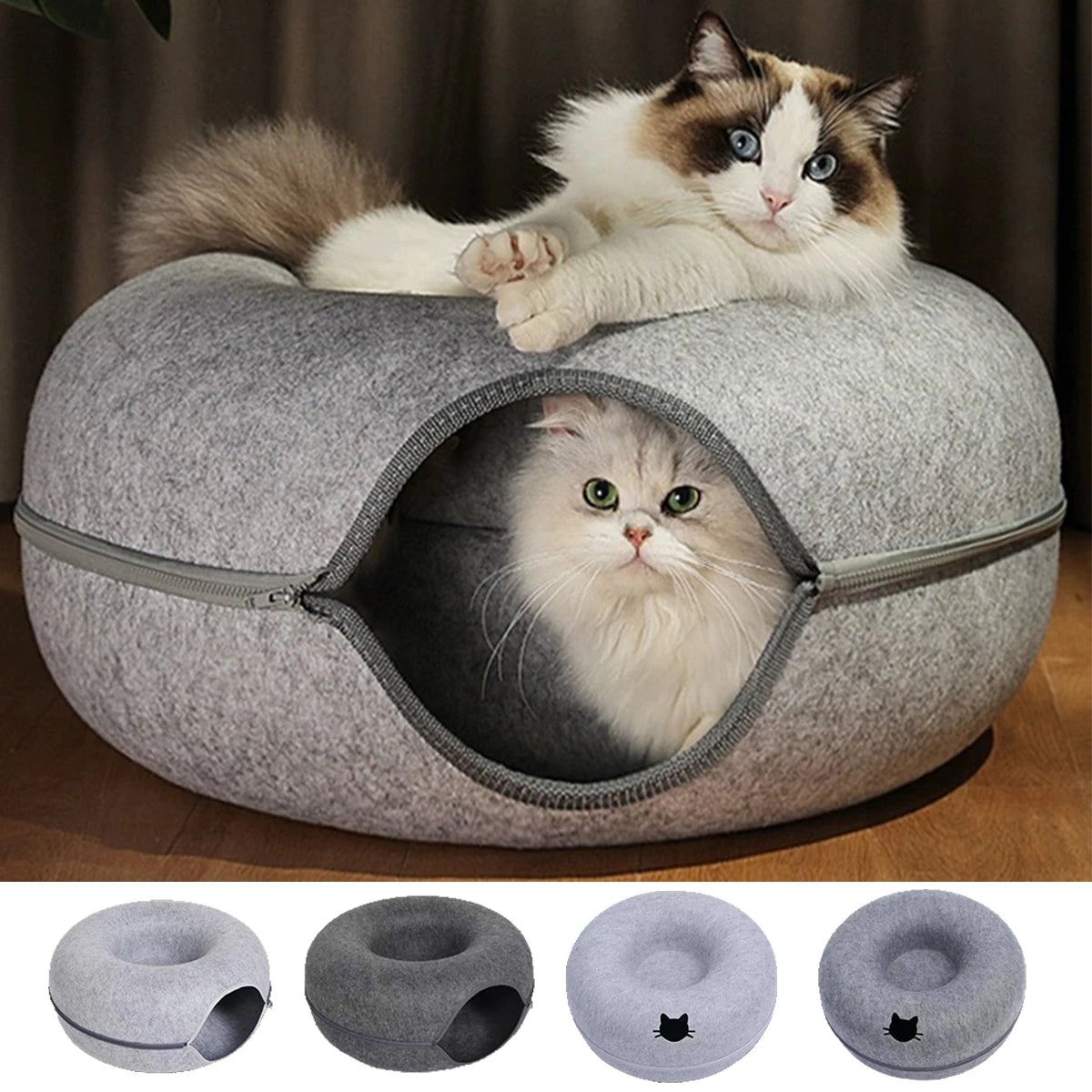 Cat Tunnel Bed – Round Felt Donut House with Scratcher