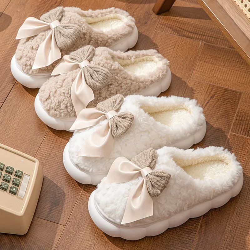 Women's Fur Slippers with Bow – Cozy Indoor House Shoes
