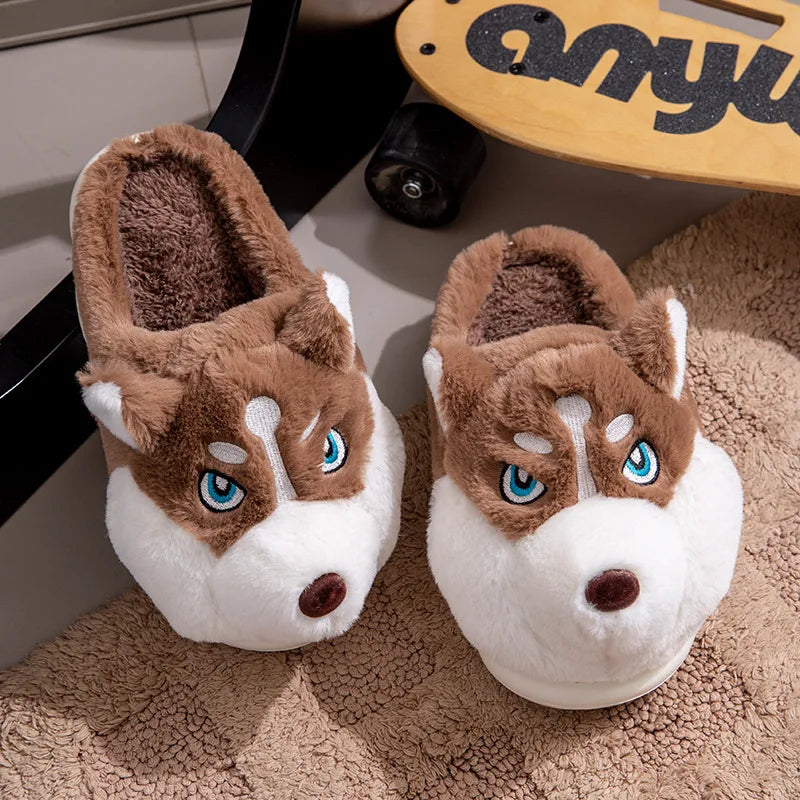 Husky Dog Fluffy Slippers – Cute Cartoon Indoor House Shoes