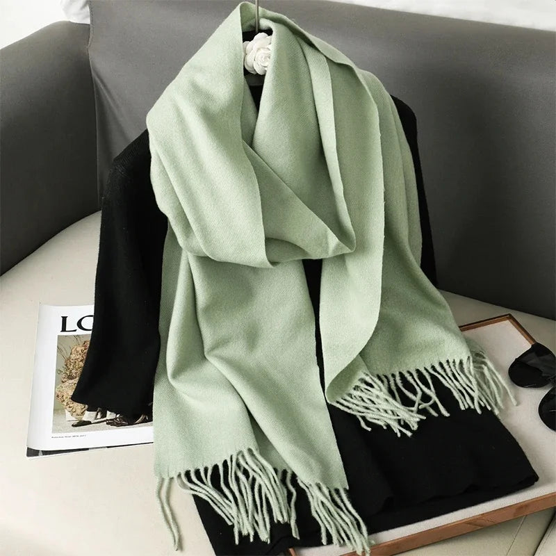 Women's Solid Cashmere Winter Scarf with Tassels – Warm Shawl Pashmina