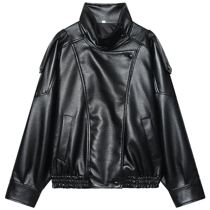 Women's Oversized Faux Leather Bomber Jacket – Zip-Up Cropped Coat