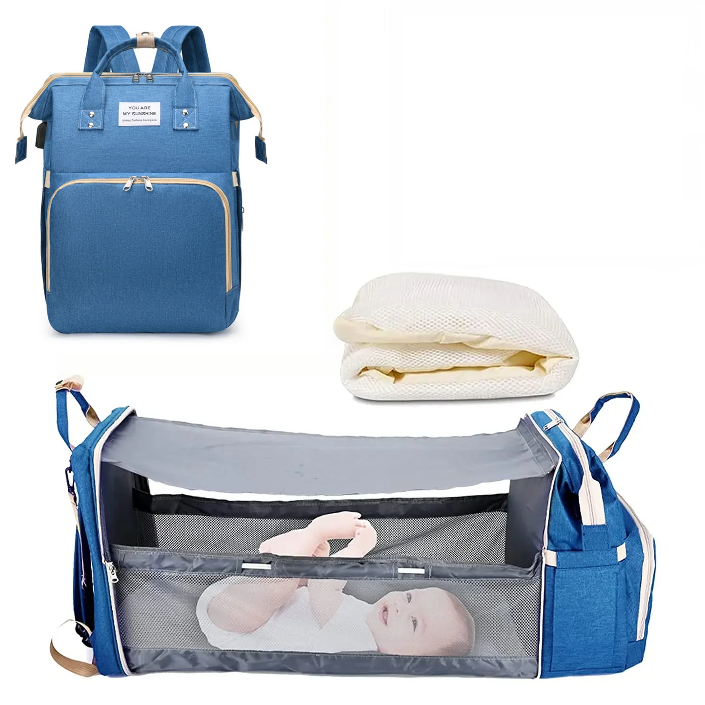 3-in-1 Diaper Bag Backpack with Foldable Baby Bed & USB Charge