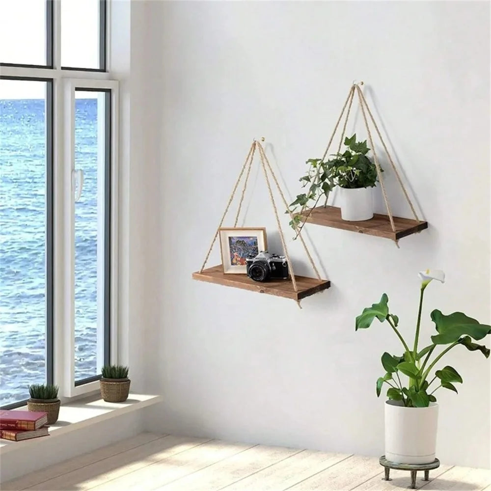 Wood Hanging Rope Swing Shelf – Wall Mounted Floating Shelf