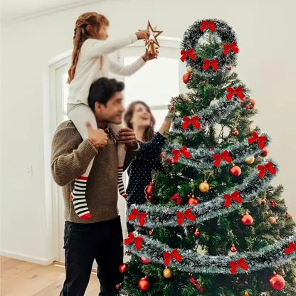 Christmas Tinsel Garland with Bows – Snow-Tipped Xmas Tree Ribbon Decoration