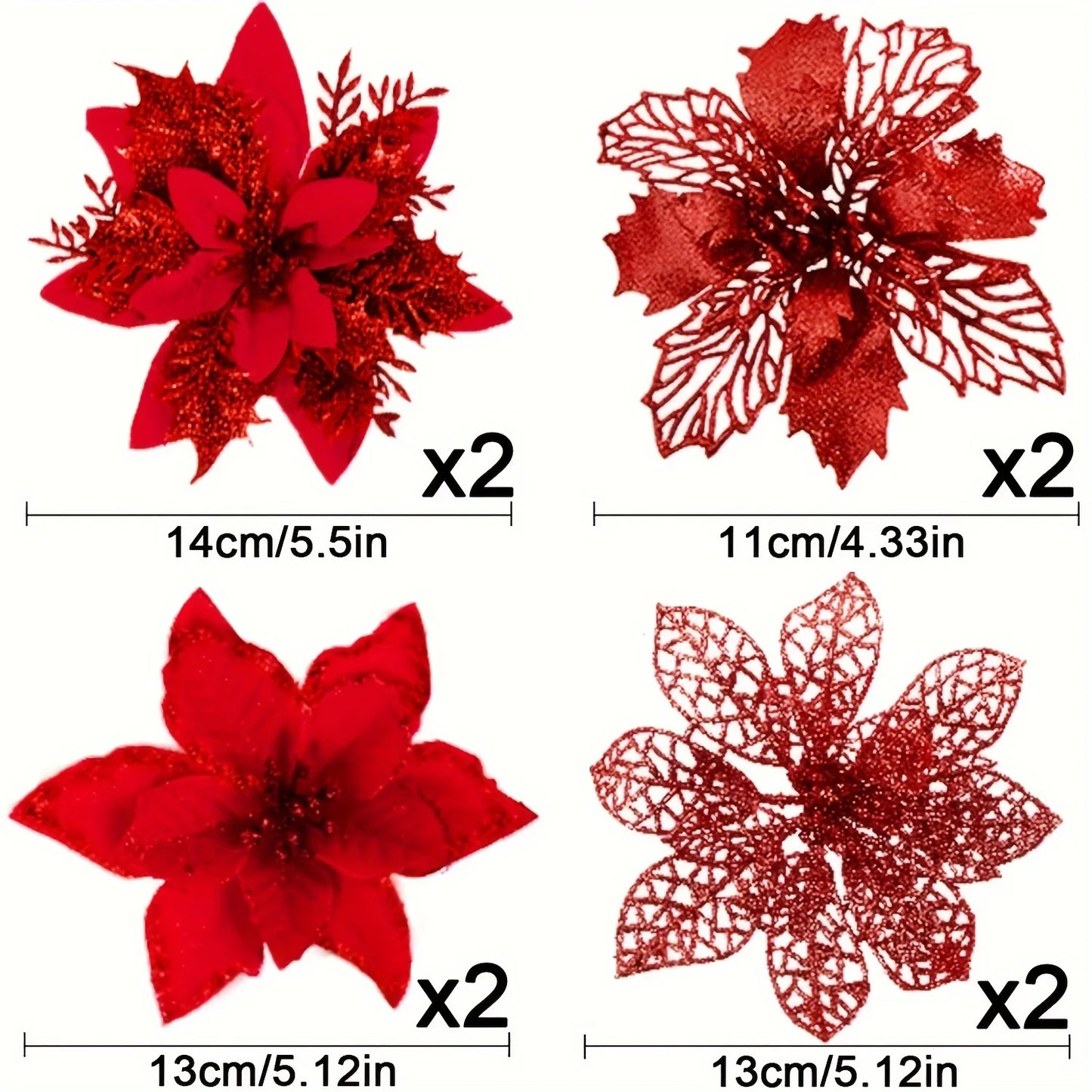 Glitter Artificial Christmas Poinsettia Flowers – 8 or 16 Piece Set