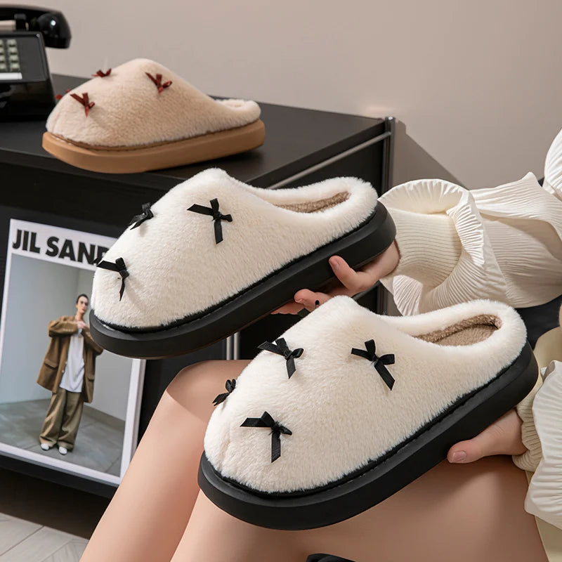 Women's Bow Plush Slippers – Warm Non-Slip Indoor House Shoes