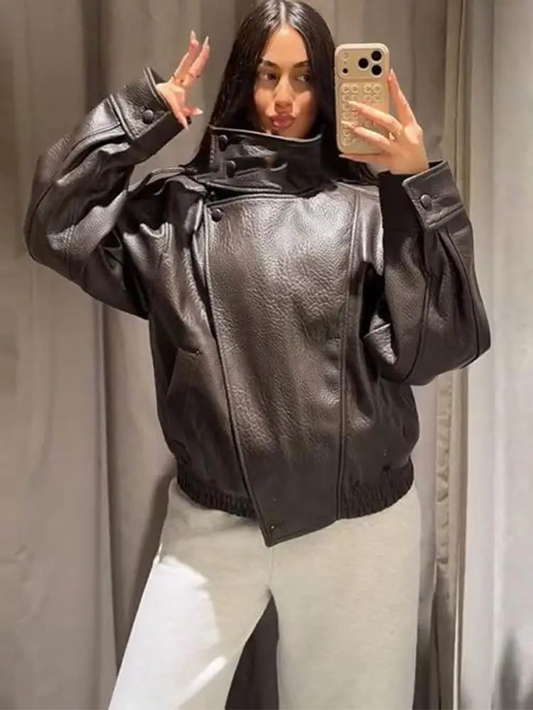 Women's Faux Leather Jacket – Oversized Stand Collar Coat