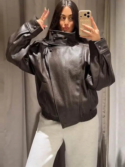 Women's Faux Leather Jacket – Oversized Stand Collar Coat