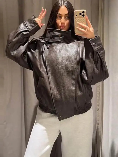 Women's Faux Leather Jacket – Oversized Stand Collar Coat