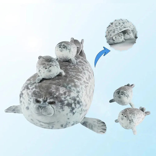 Mama Seal Plush Toy Set – Mother & 4 Baby Seals with Zipper Pouch