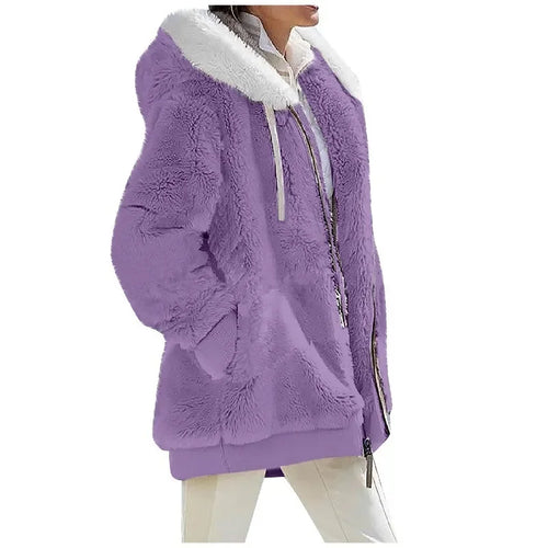Women's Fleece Hooded Zip-Up Coat – Casual Warm Jacket for Fall & Winter