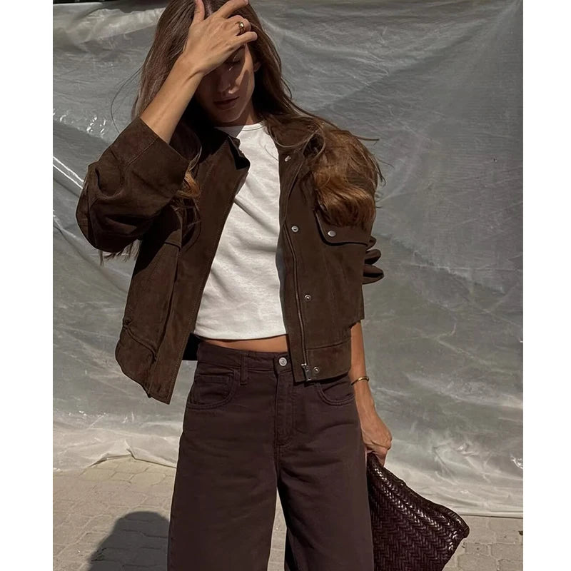 Women's Brown Suede Bomber Jacket with Big Pockets