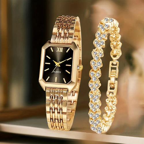 Women's Rectangle Quartz Watch & Rhinestone Bracelet Set