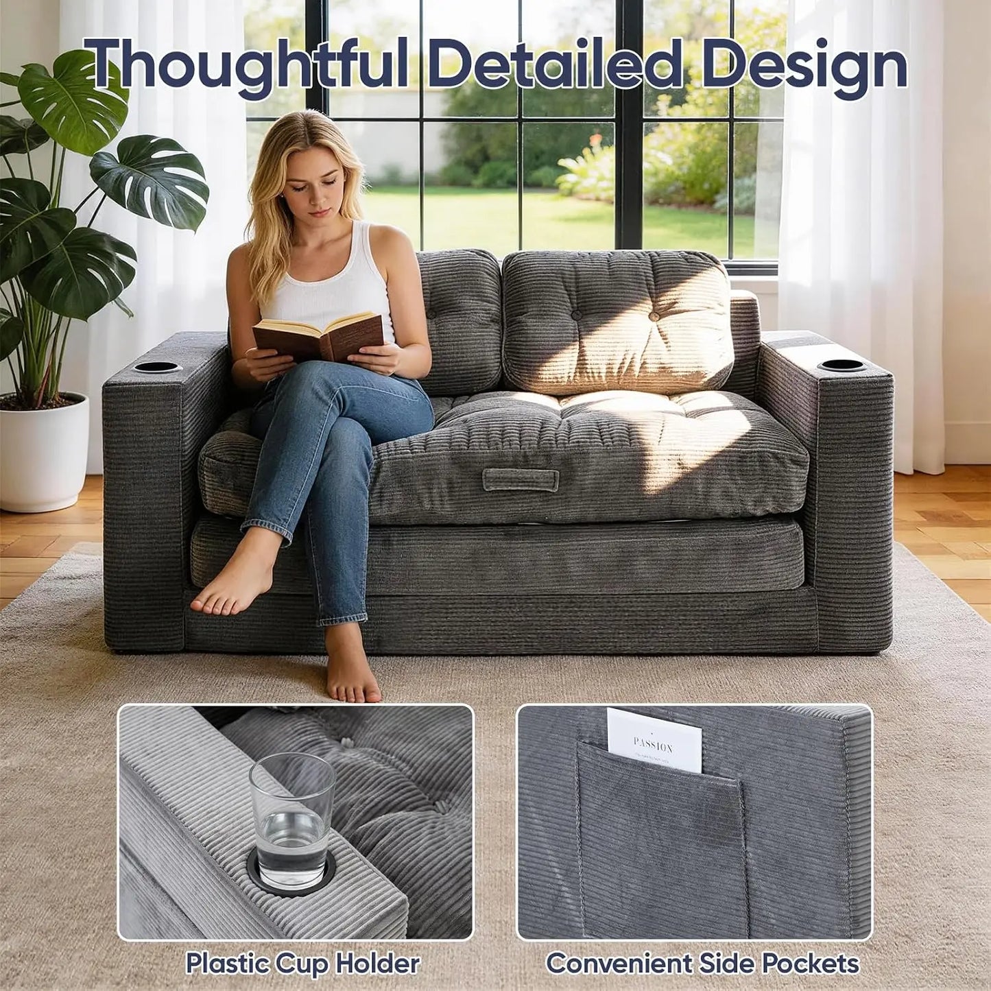 Convertible Corduroy Loveseat Sleeper Sofa Bed with Cup Holders