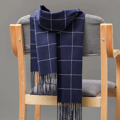 Men's Cashmere Winter Scarf – Plaid Pashmina Neckerchief with Tassels