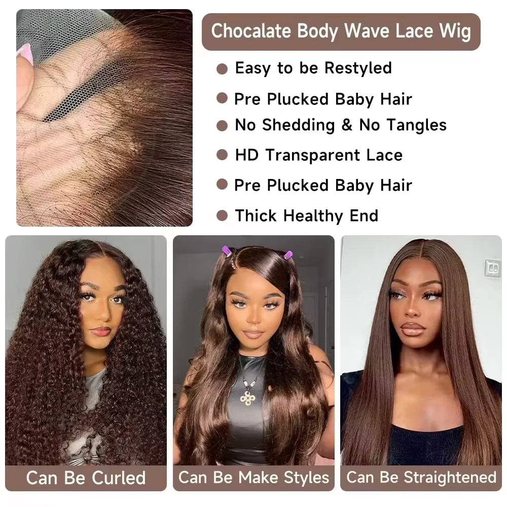 HD Lace Front Human Hair Wig – Body Wave 13x4 & 13x6 Chocolate Brown