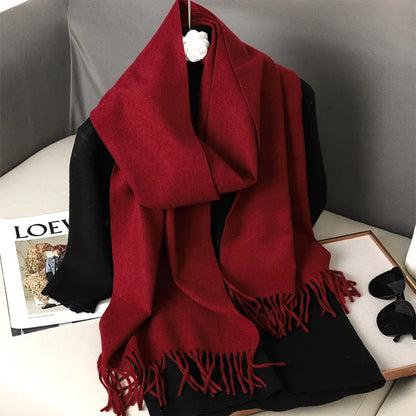 Women's Solid Cashmere Winter Scarf with Tassels – Warm Shawl Pashmina