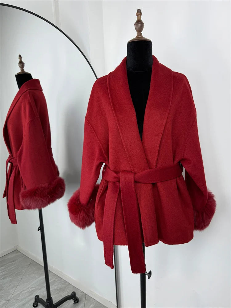 Women's Wool Coat with Fox Fur Cuffs & Belt – Elegant Short Overcoat
