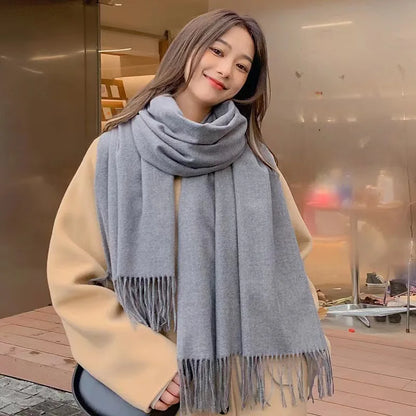 Cashmere-Feel Solid Scarf – Women's Warm Winter Wrap with Fringe