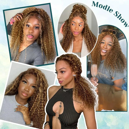 Honey Blonde Highlight Deep Wave Lace Front Wig 13x4 Human Hair