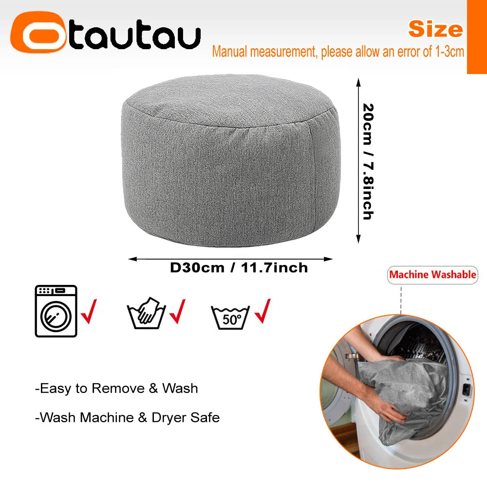 Round Linen Pouf Ottoman – Bean Bag Footstool Floor Cushion